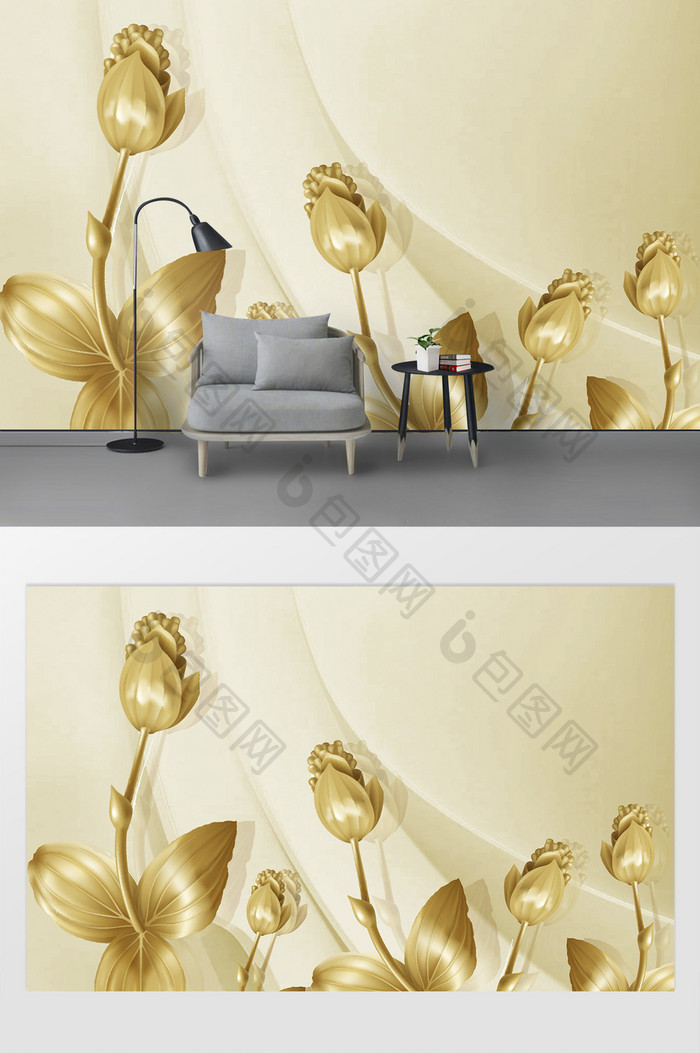 新中式金色浮雕立体花卉电视客厅背景墙