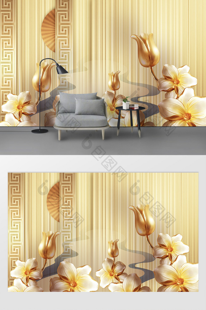 新中式立体浮雕花卉电视客厅背景墙