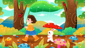 谷雨撑叶子的女孩插画