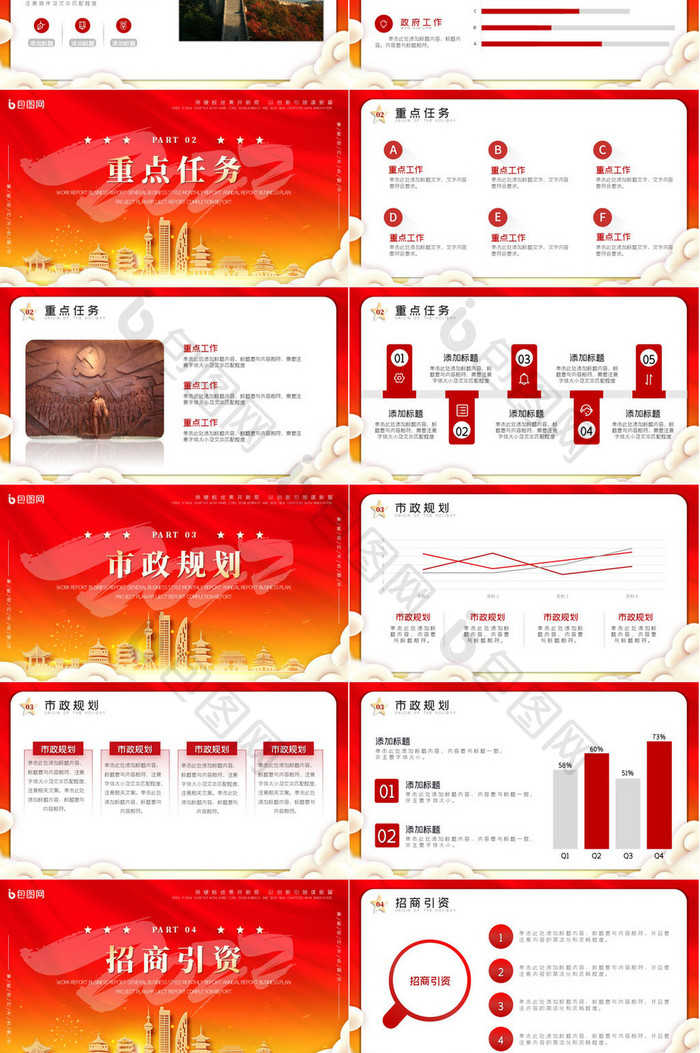 红色中国风政府工作报告市政报告PPT模板