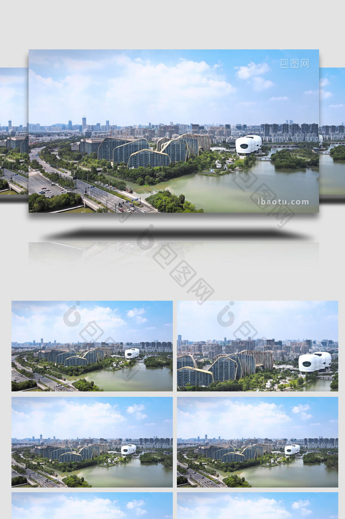 城市地标杭州白马湖风景区会展中心4K航拍
