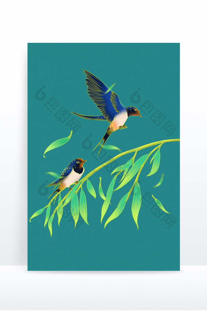 二十四节气春分柳树上的小燕子绿色国朝手绘