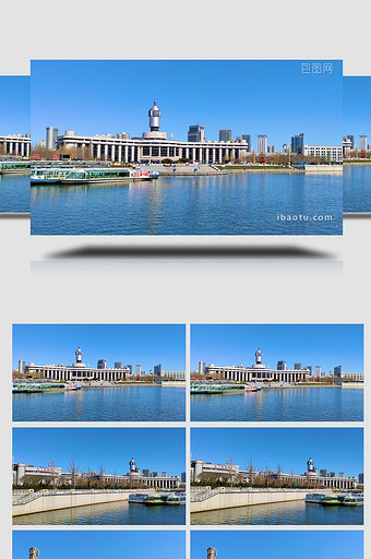 城市地标天津站火车站海河风光蓝天实拍4K图片
