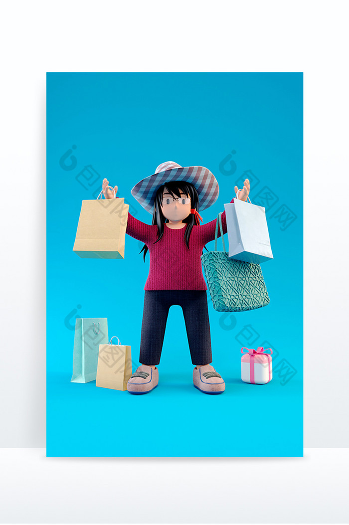 C4D创意卡通手提购物袋女孩人物模型图片图片