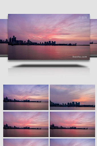 自然唯美山东青岛清晨彩霞城市剪影延时摄影图片