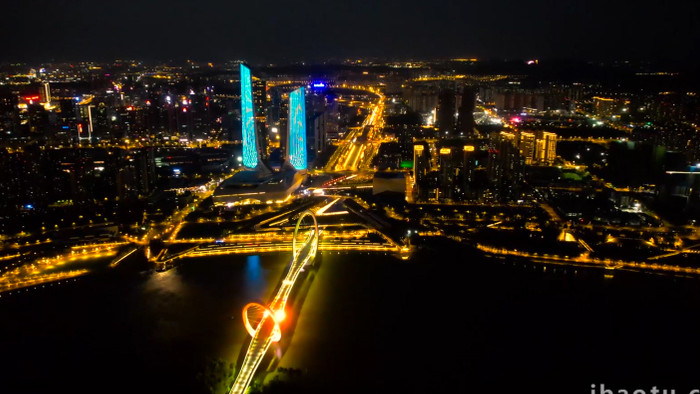 城市夜景南京河西南京眼步行桥双子楼夜景