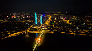 城市夜景南京河西南京眼步行桥双子楼夜景