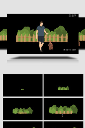 易用卡通类mg动画组合素材公园遛狗散步