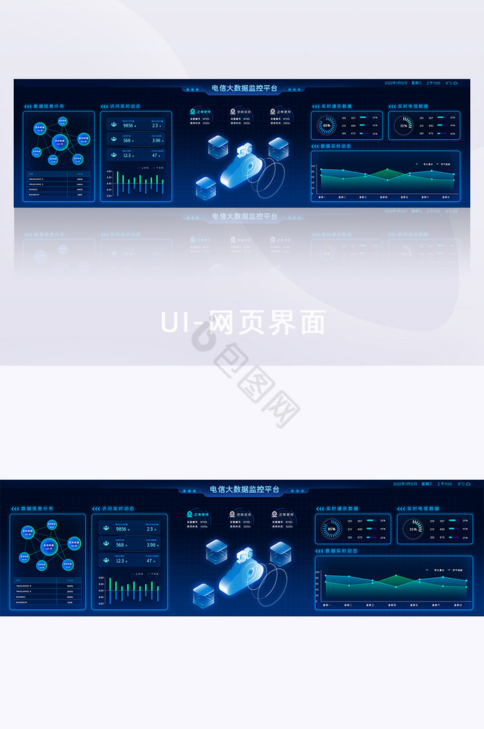 蓝色科技信息可视化大数据大屏网页界面UI图片