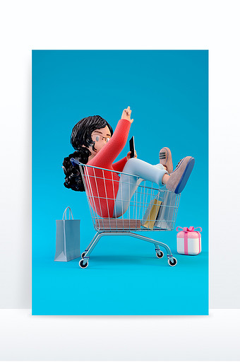 C4D创意卡通坐在购物车内女孩人物模型图片