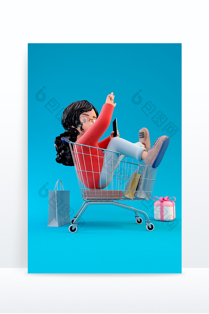 C4D创意卡通坐在购物车内女孩人物模型