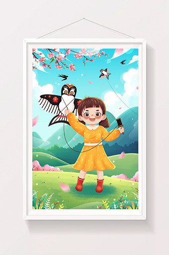 清新春季踏春放风筝女孩出游郊游插画图片