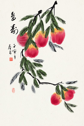 国画写意桃子水果装饰画