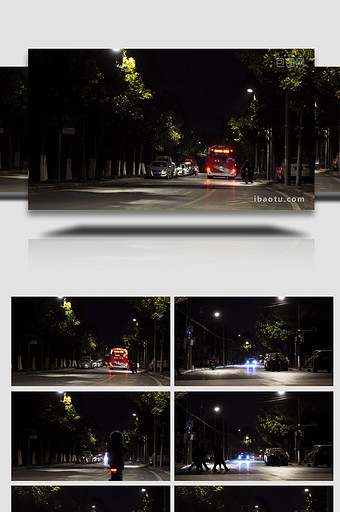 孤独氛围城市街道夜景路灯公交车4K实拍图片