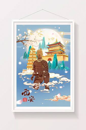 中国风国潮西安兵马俑大雁塔鼓楼山水插画图片