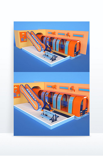 蓝橙色卡通风格UI地铁出行交互C4D场景图片
