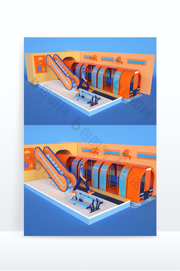 蓝橙色卡通风格UI地铁出行交互C4D场景图片图片