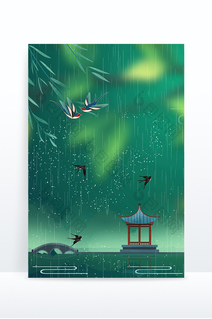 绿色文艺谷雨山水节气背景