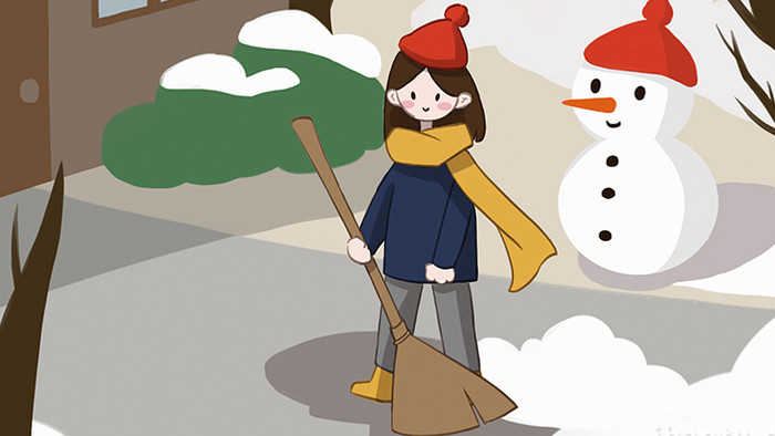 易用卡通插画mg动画冬季房前扫雪