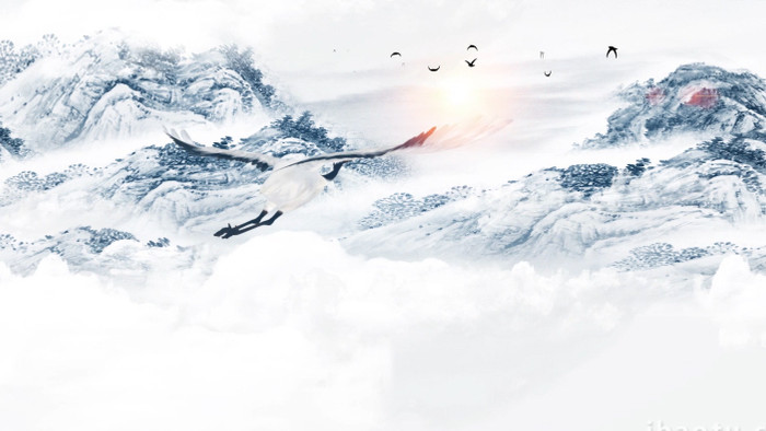 中国风山顶飞鹤俯瞰云海水墨背景视频