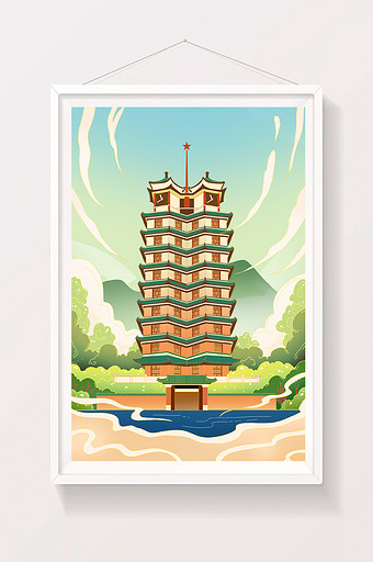 绿色中国风河南二七塔建筑国潮插画图片