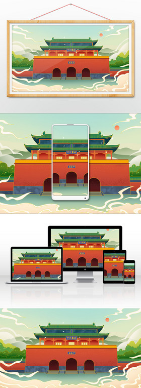 中岳庙建筑旅游插画