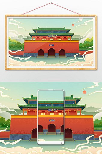 红色中国风中岳庙建筑旅游插画图片
