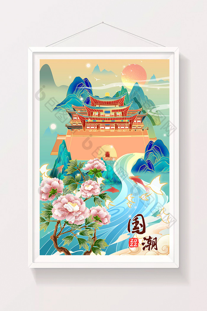 国潮中国风古风唯美山水建筑花海风景插画