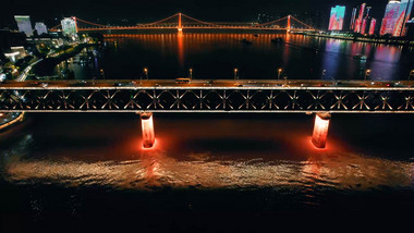 城市夜景航拍武汉长江大桥夜晚风光视频