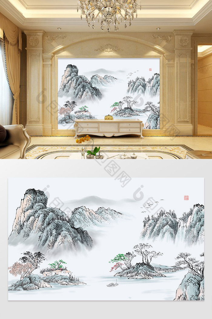 中式风水墨山水装饰背景墙图片图片