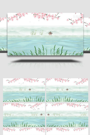 桃花水墨山水唯美动态水面背景视频ae模板图片