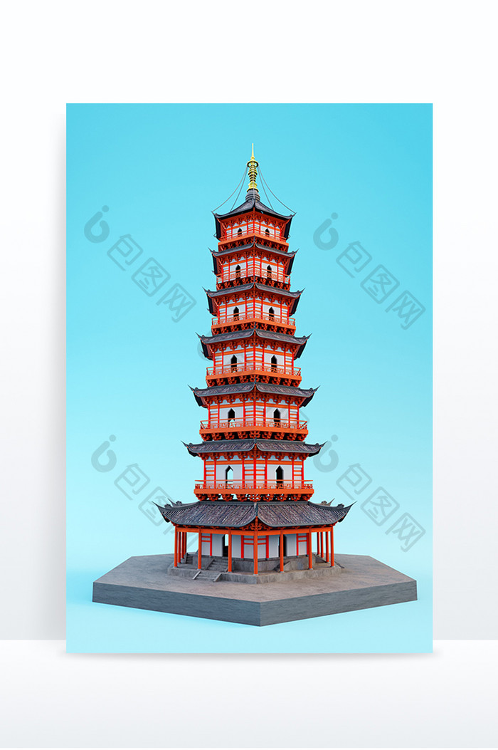 C4D创意杭州雷峰塔地标建筑模型元素