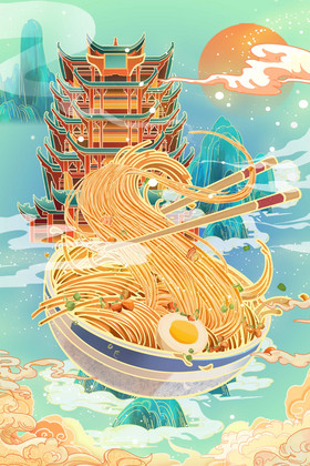 武汉热干面黄鹤楼插画