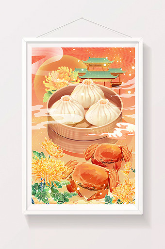 中国风国潮美食蟹黄包螃蟹菊花海报插画图片