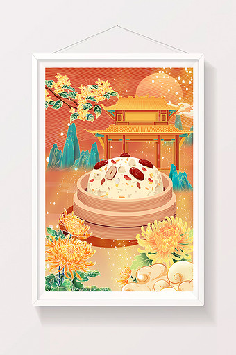 中国风国潮浙江美食八宝饭山水建筑海报插画图片