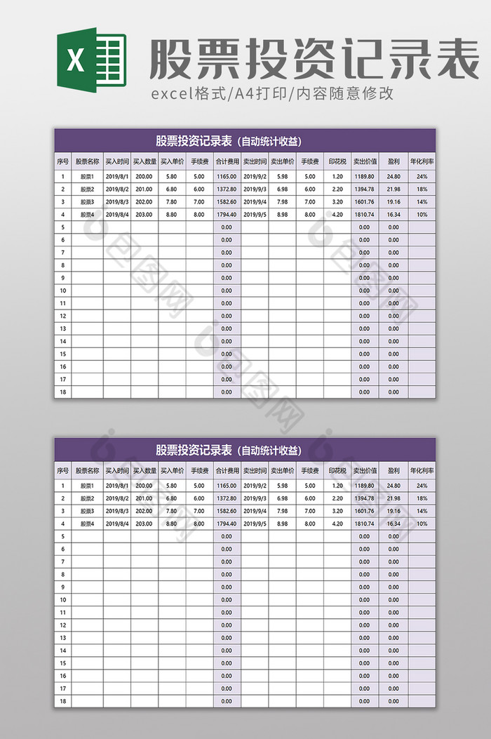 股票投资记录表excle模板图片图片