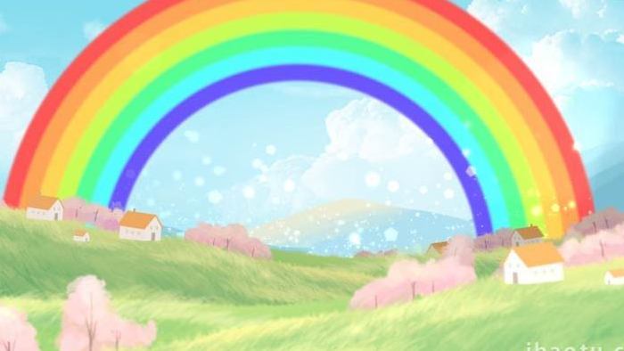 春天清新可爱卡通穿越草原彩虹循环背景视频