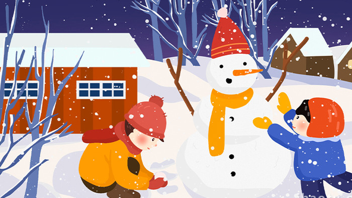 易用卡通mg动画冬天类下雪天房子前堆雪人