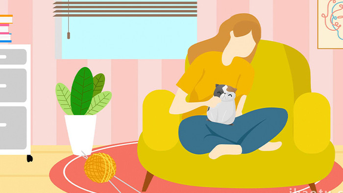 易用卡通mg动画居家类沙发女孩抱着猫咪