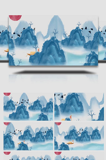 中国风水墨小船畅游山水间循环背景视频图片