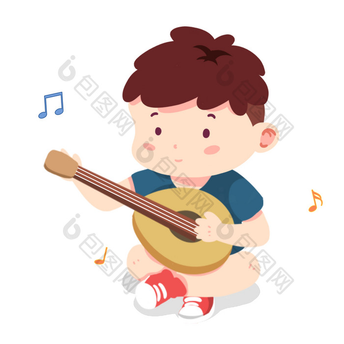 卡通小男孩唱歌弹奏乐器动图GIF