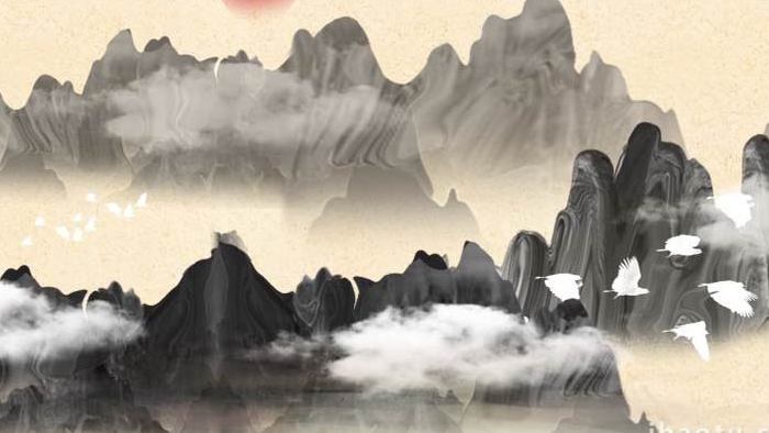 写意中国风水墨山水白云飞鸟循环背景视频