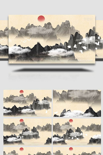 写意中国风水墨山水白云飞鸟循环背景视频图片