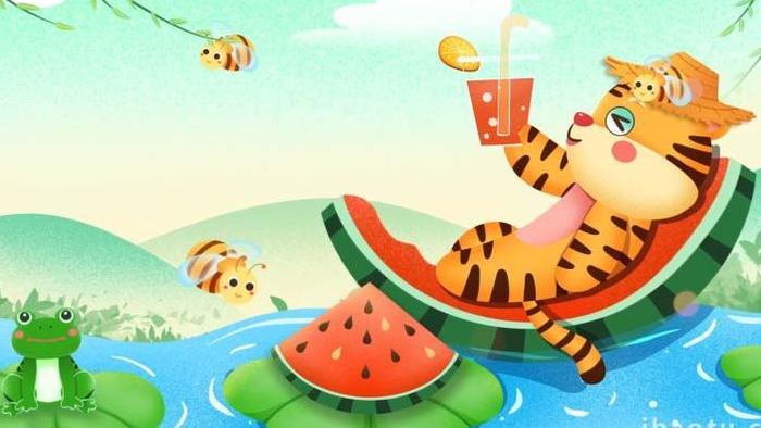 夏天卡通可爱西瓜船果汁小老虎循环背景视频