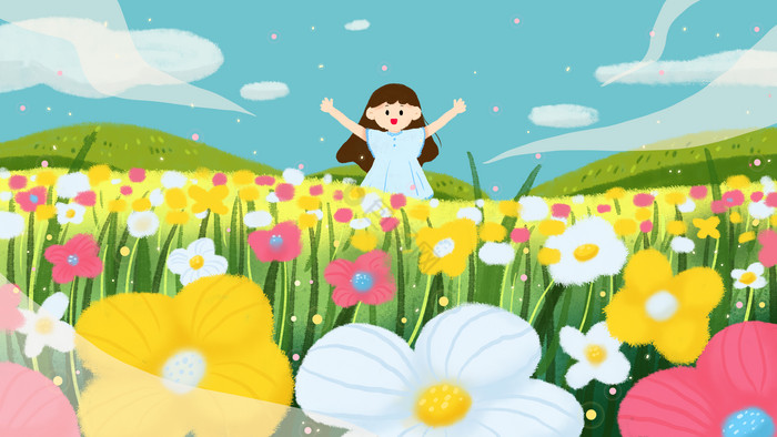 明媚花海春季世界环境日女孩插画图片