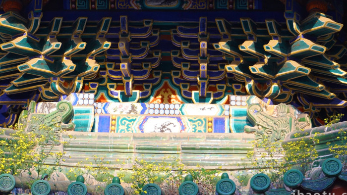天津城市公园古建筑房檐特写镜头拍摄4K