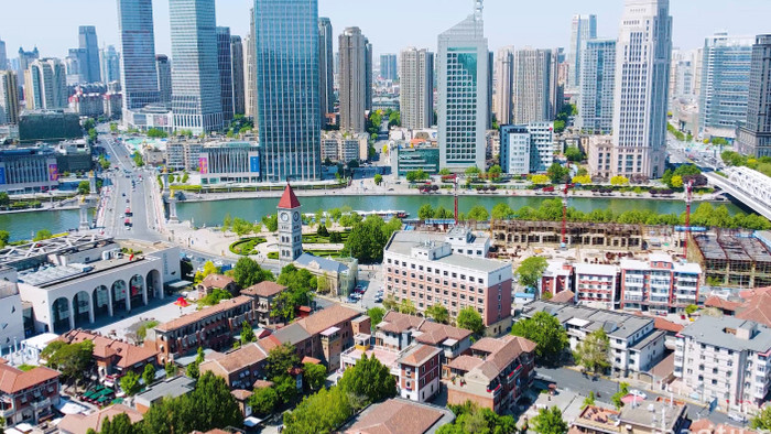 天津城市地标意式风情街海河航拍视频4K
