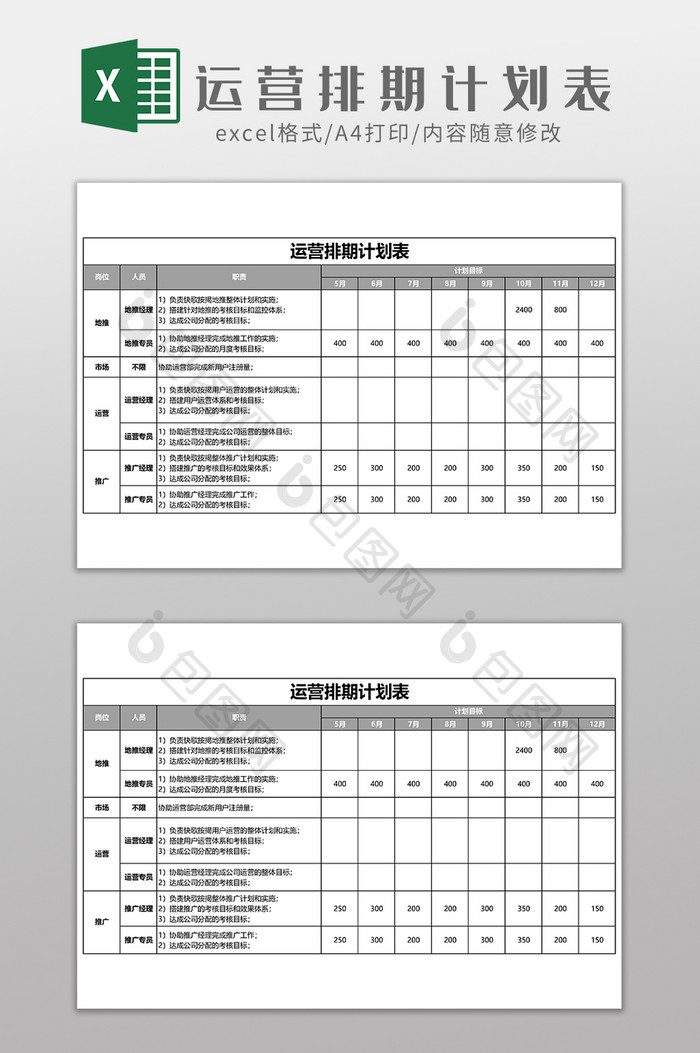 运营排期计划表Excel模板