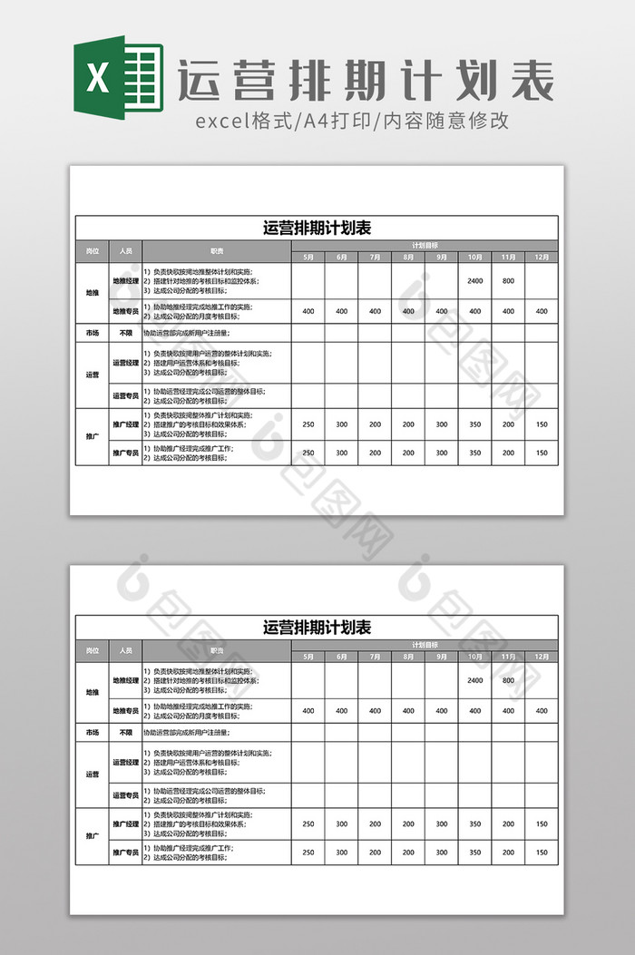 运营排期计划表Excel模板图片图片