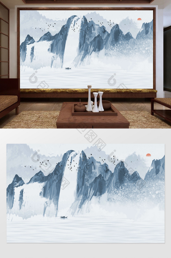 新中式蓝色山水电视客厅背景墙